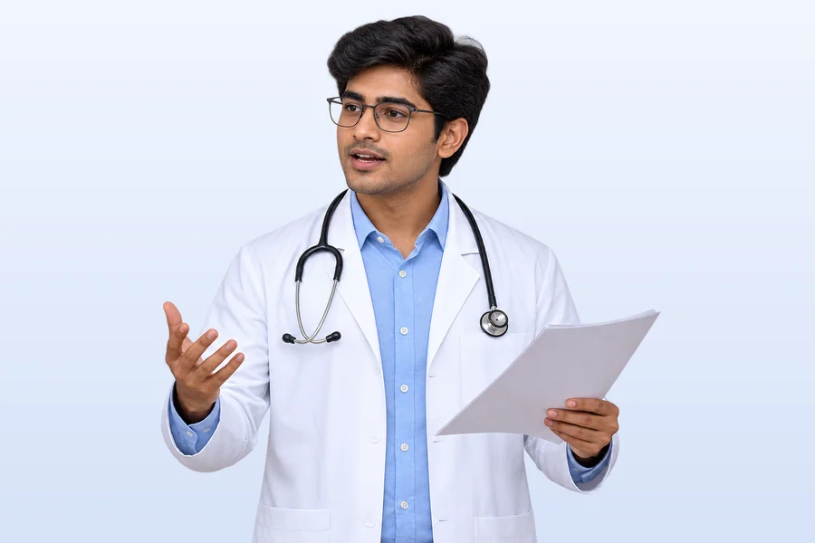 A medical student in a white coat presenting a case from a case sheet