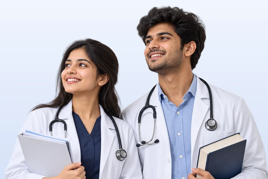 Two final-year medical students in white coats, smiling, holding a case file and a textbook