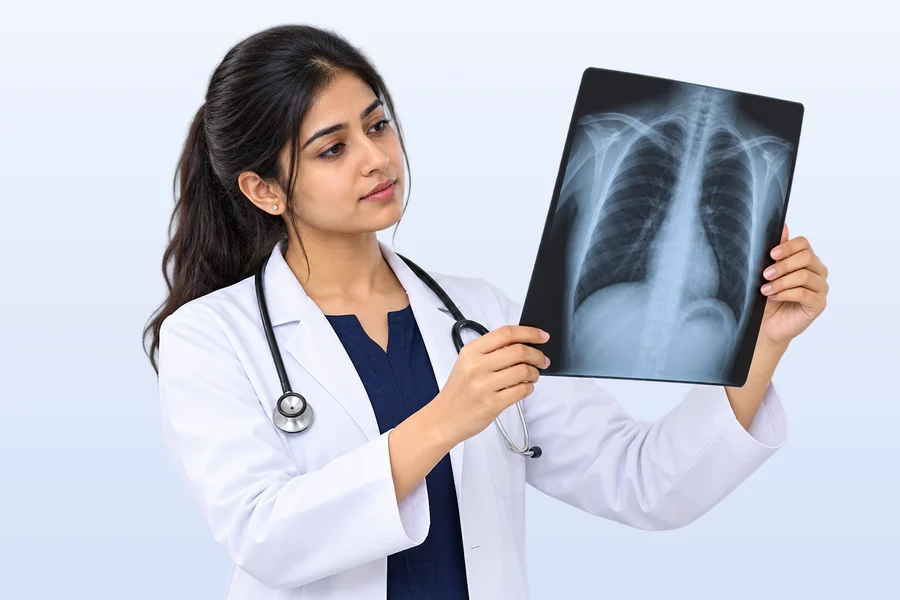 A medical student studying a chest X-ray
