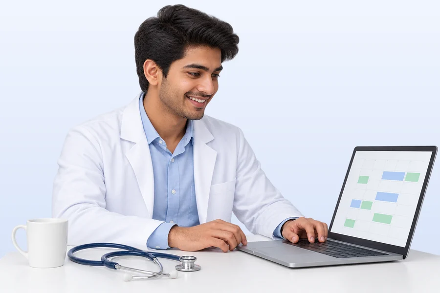 A medical student smiling at a study plan on his laptop