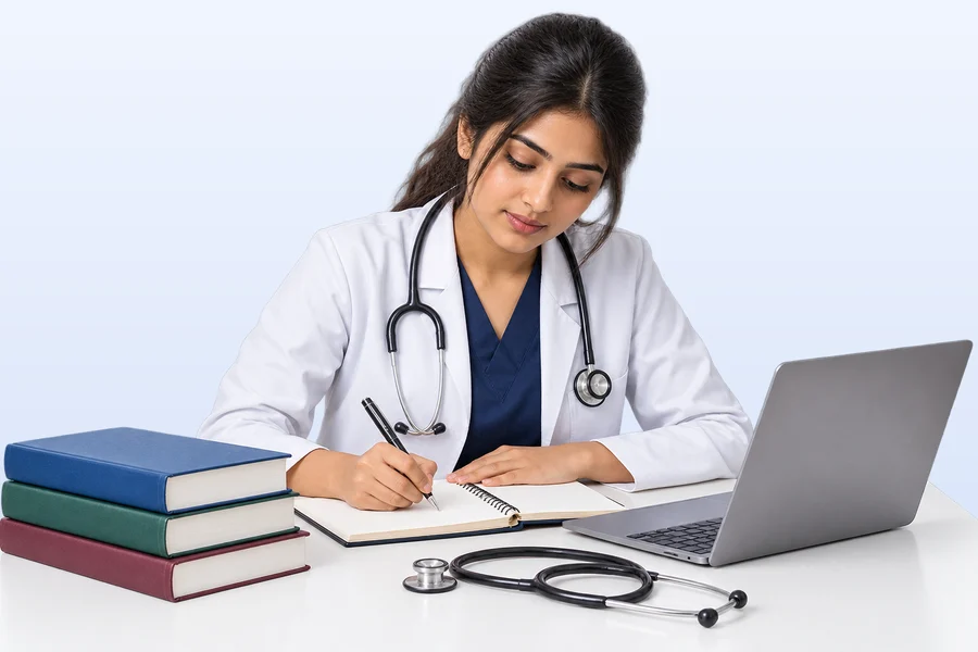 A medical student in a white coat writing notes at a desk beside textbooks, a laptop and a stethoscope