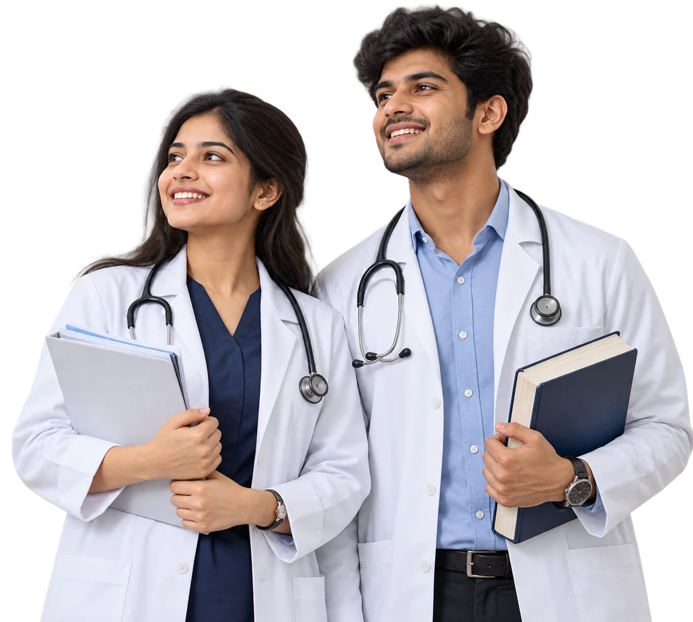 Two final-year medical students in white coats with stethoscopes, smiling, holding a case file and a textbook