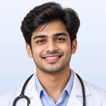 A smiling male medical student in a white coat with a stethoscope