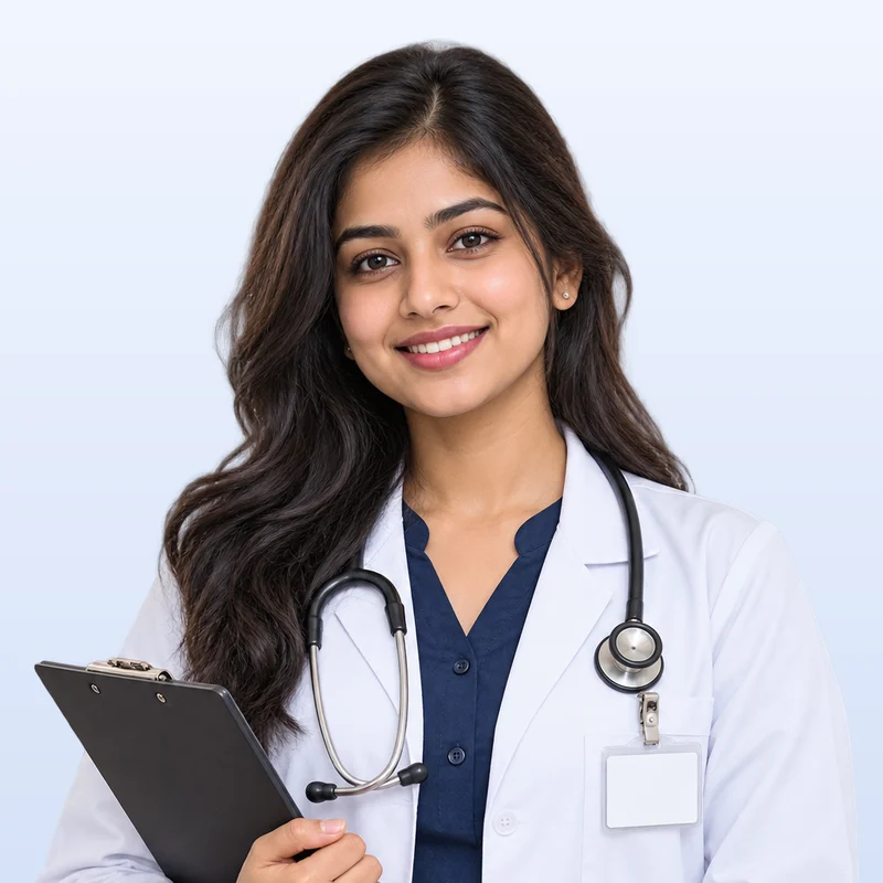 A smiling final-year medical student in a white coat with a stethoscope, holding a clipboard