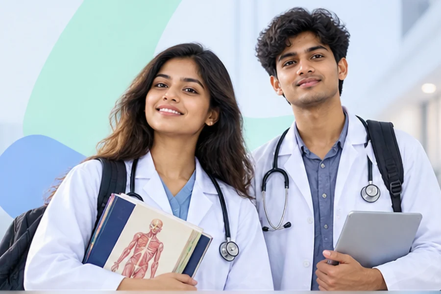 Two first-year medical students in white coats, one holding an Anatomy textbook