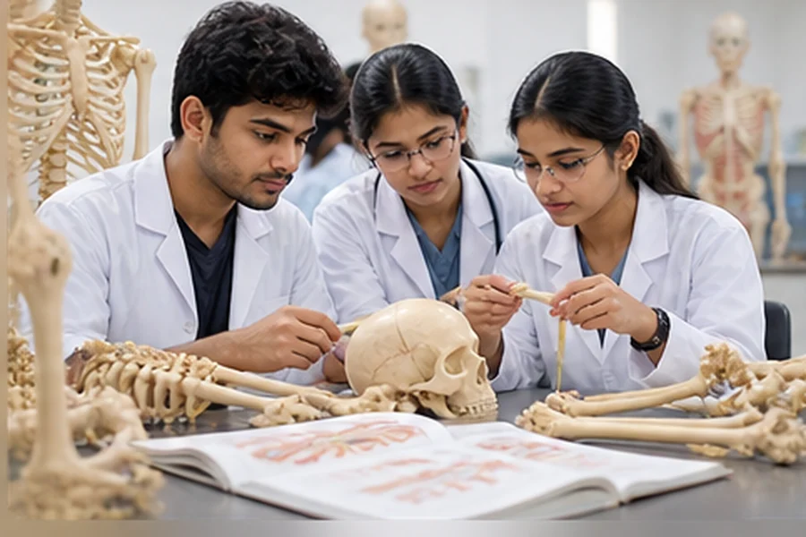 Three medical students studying a skeleton and skull together