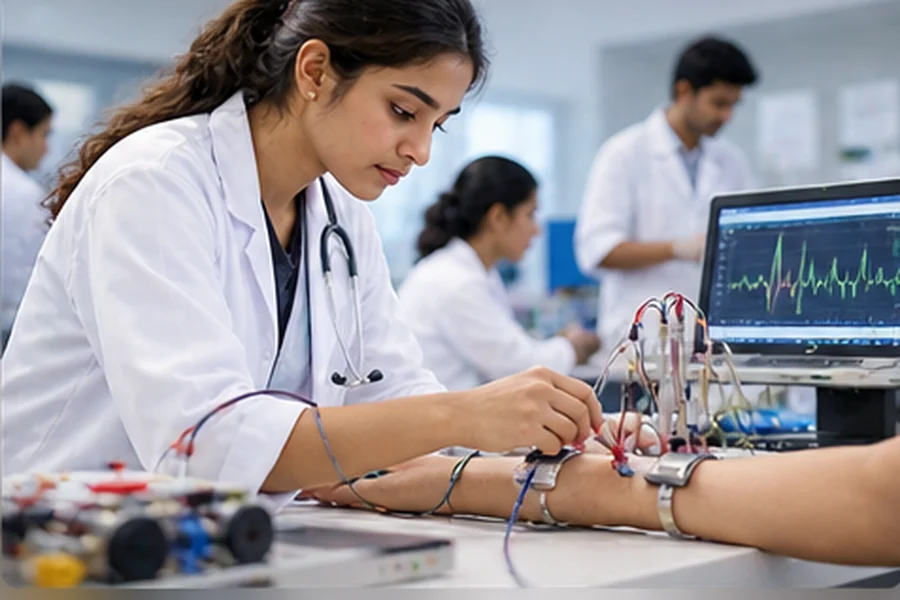 A medical student recording an ECG in a physiology practical