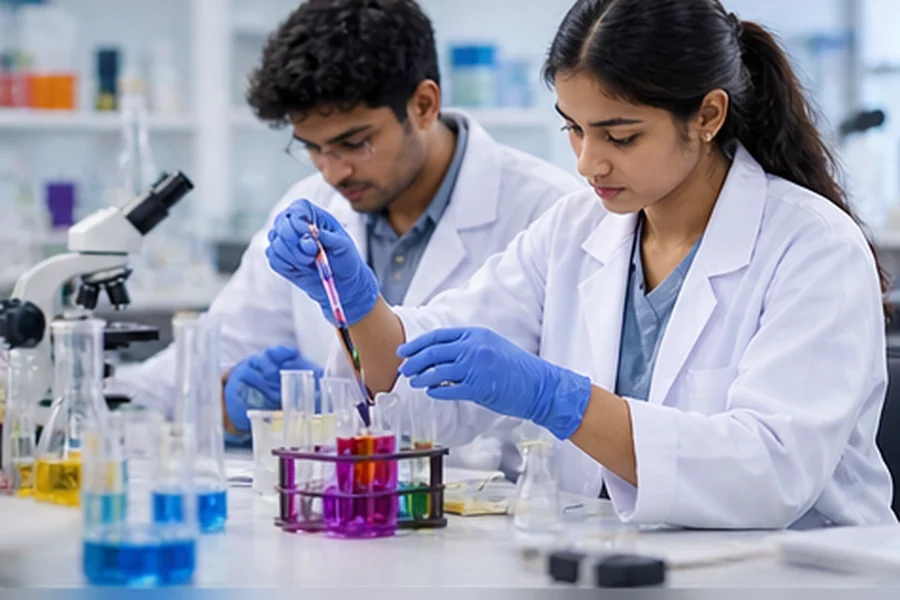 Two medical students running a test in the biochemistry lab