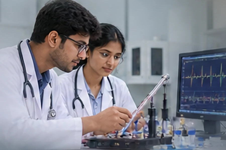 Two medical students working together at a lab bench beside an ECG screen
