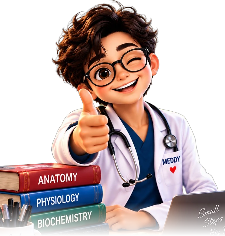 MEDDY, a smiling first-year medical student in a white coat, giving a thumbs-up beside Anatomy, Physiology and Biochemistry books