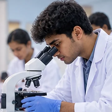A medical student looking through a microscope