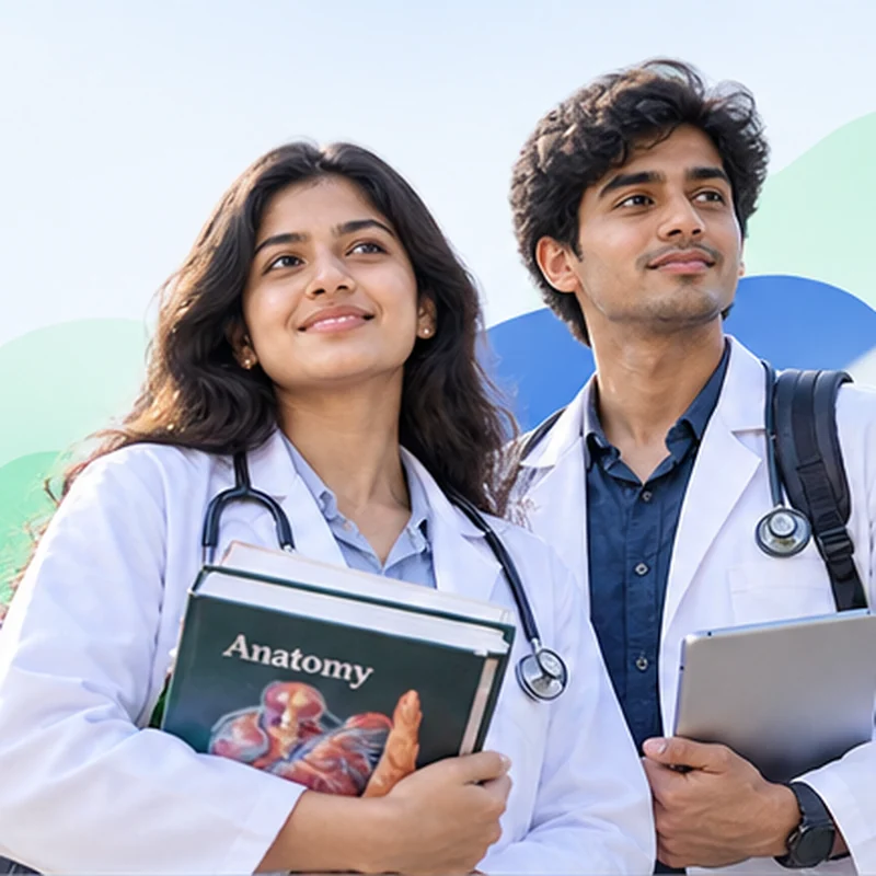 Two first-year medical students in white coats, one holding an Anatomy textbook