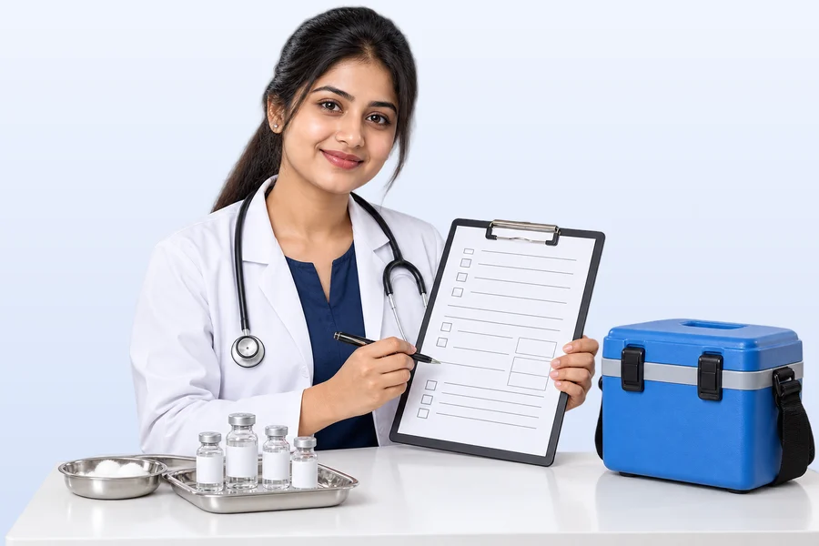 A medical student filling in a survey form beside a vaccine carrier and vials