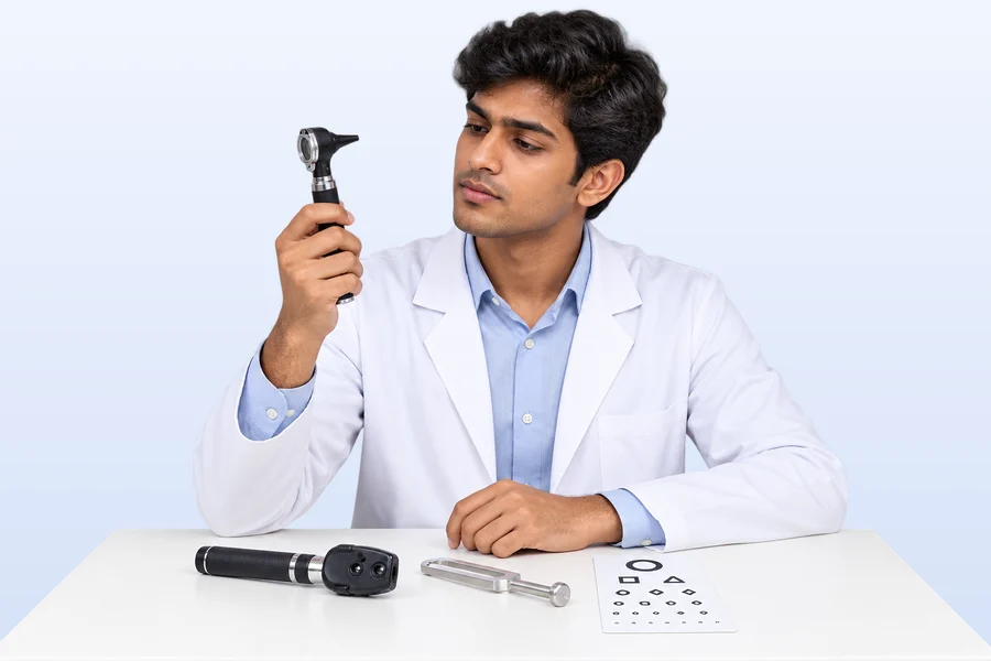 A medical student examining an otoscope, with an ophthalmoscope, tuning fork and eye chart on the desk