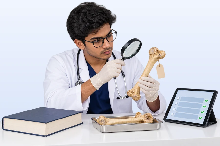 A medical student in gloves studying a labelled bone with a magnifying glass beside a quiz on a tablet