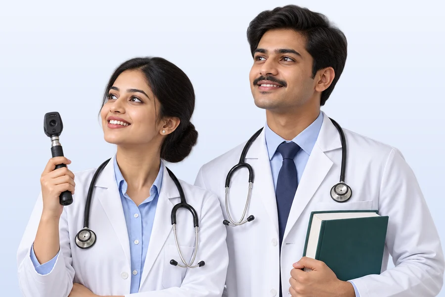 Two third-year medical students in white coats, smiling, holding an ophthalmoscope and a textbook