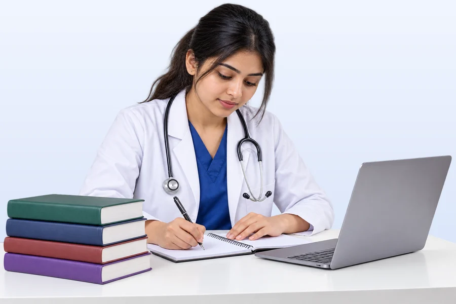 A medical student in a white coat writing notes beside a stack of textbooks and a laptop
