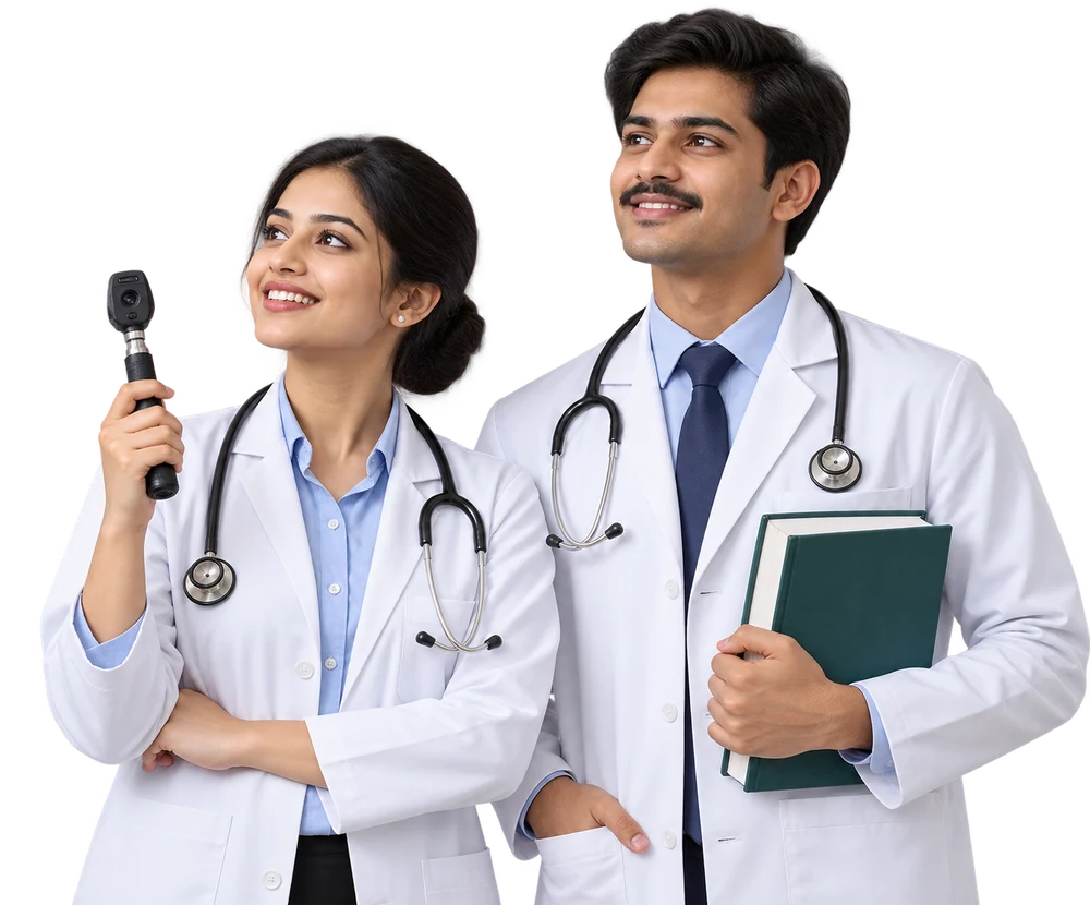 Two third-year medical students in white coats with stethoscopes, smiling, holding an ophthalmoscope and a textbook