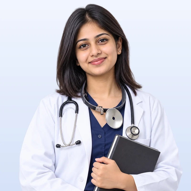 A smiling third-year medical student in a white coat with a stethoscope, holding a case notebook