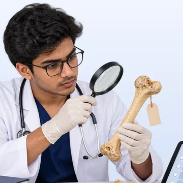 A medical student studying a bone specimen with a magnifying glass