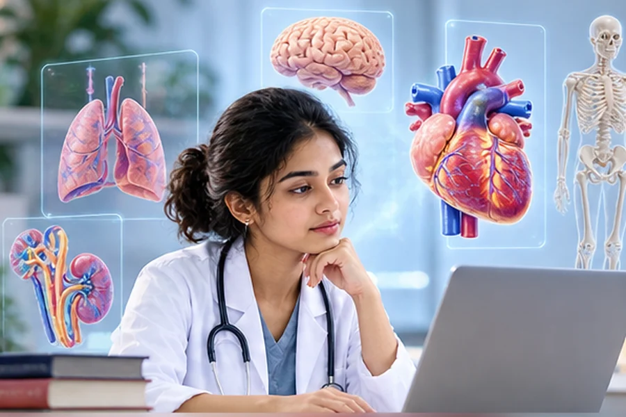 A medical student at her laptop with a heart, brain, lungs and skeleton floating around her