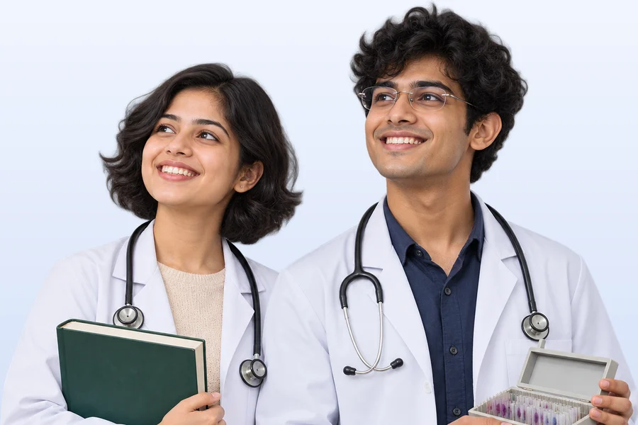 Two second-year medical students in white coats, smiling, holding a textbook and a slide box