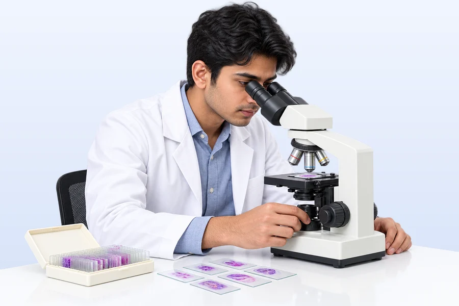 A medical student looking into a microscope beside a box of slides