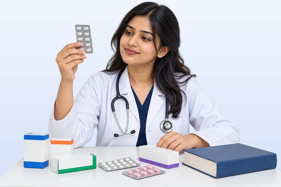 A medical student reading a medicine strip beside drug boxes and a pharmacology book