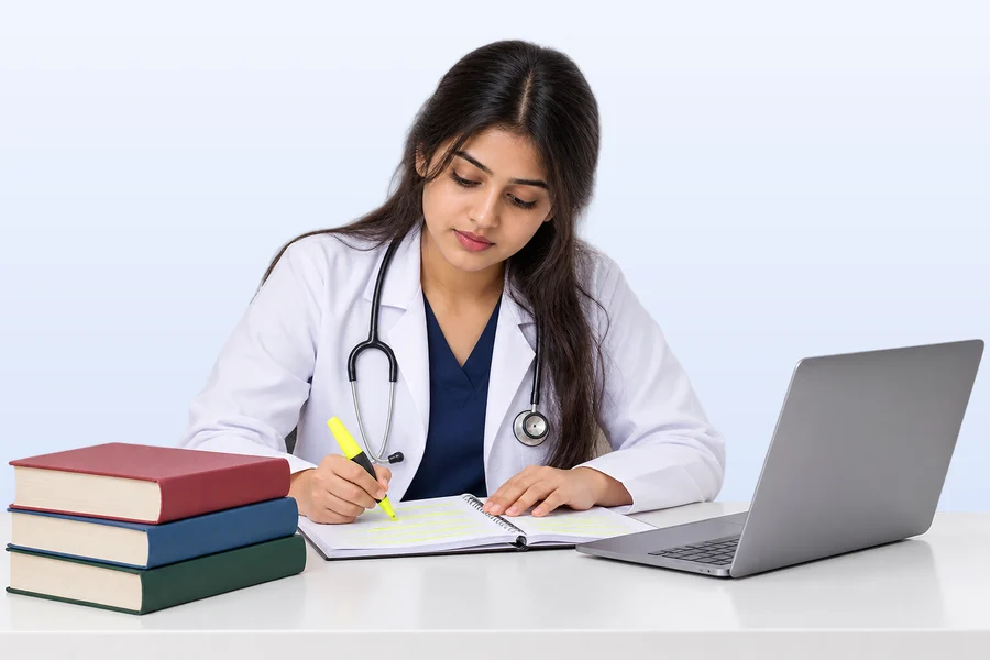 A medical student in a white coat highlighting notes beside textbooks and a laptop