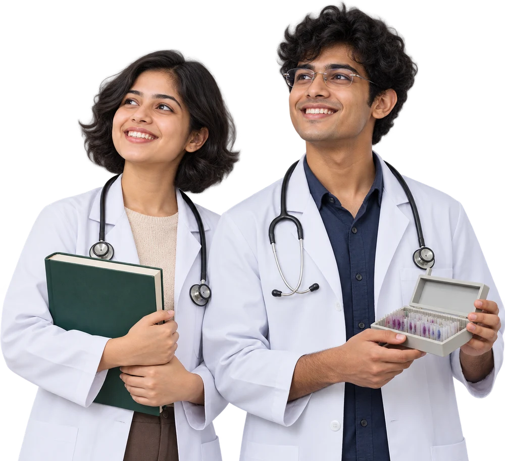Two second-year medical students in white coats with stethoscopes, smiling, holding a textbook and a slide box