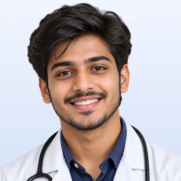 A smiling male medical student in a white coat with a stethoscope