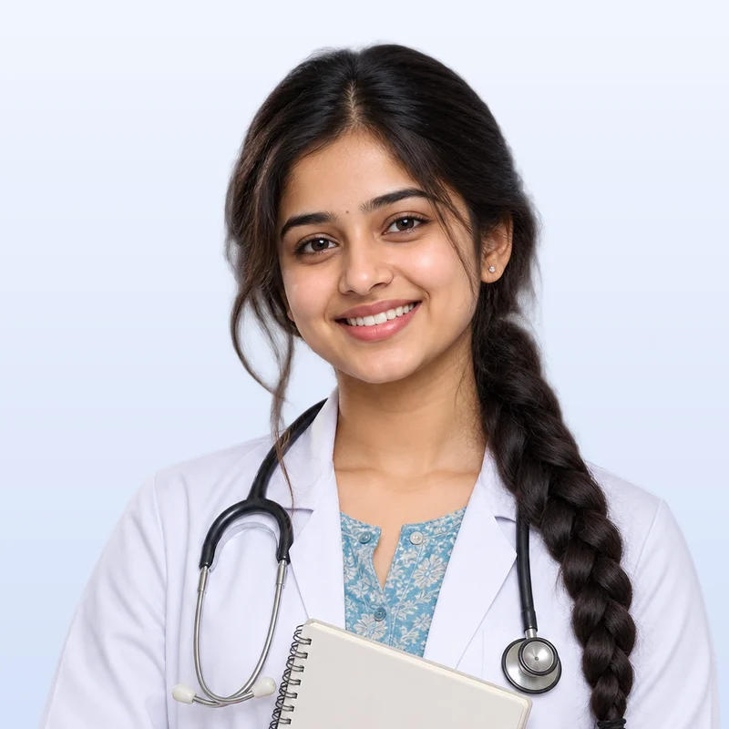 A smiling second-year medical student with a long braid, in a white coat, holding a notebook