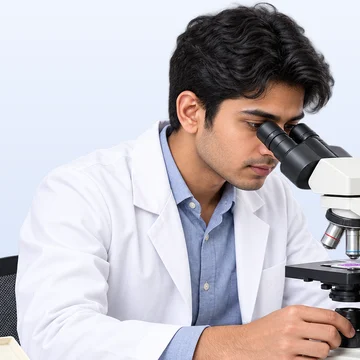 A medical student looking into a microscope