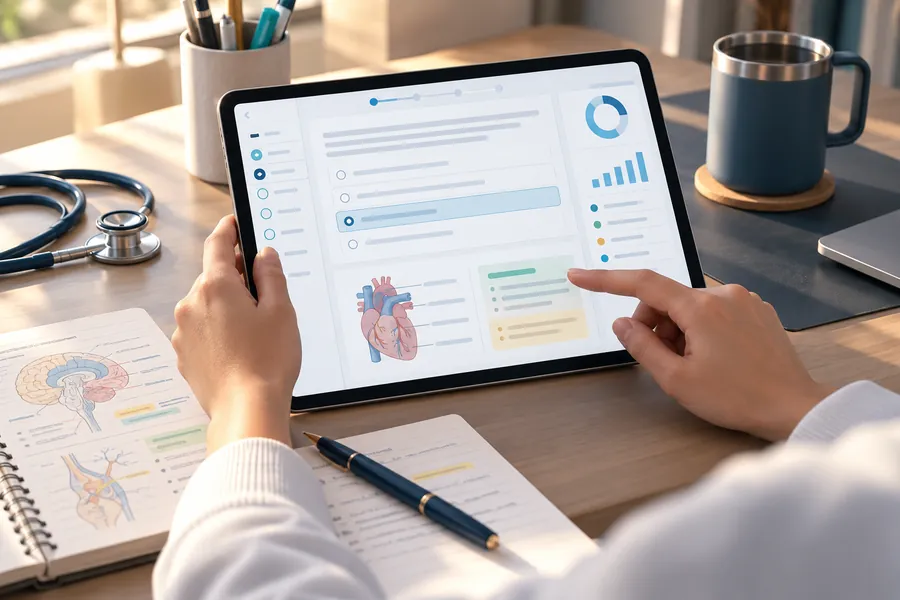 A student in a white coat studying heart diagrams on a tablet
