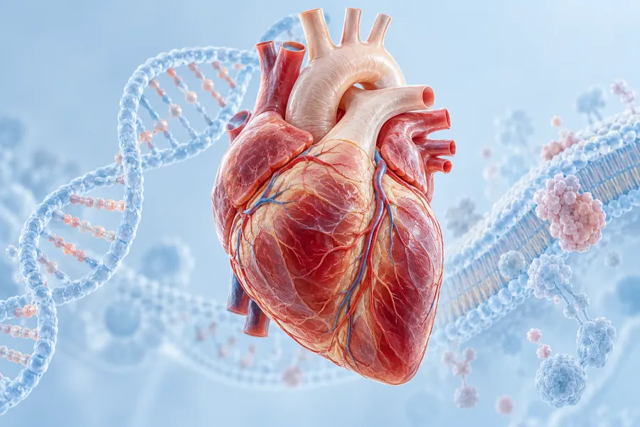 A detailed human heart beside a DNA double helix