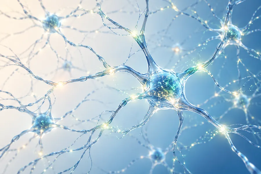 Glowing neurons connecting across a blue background