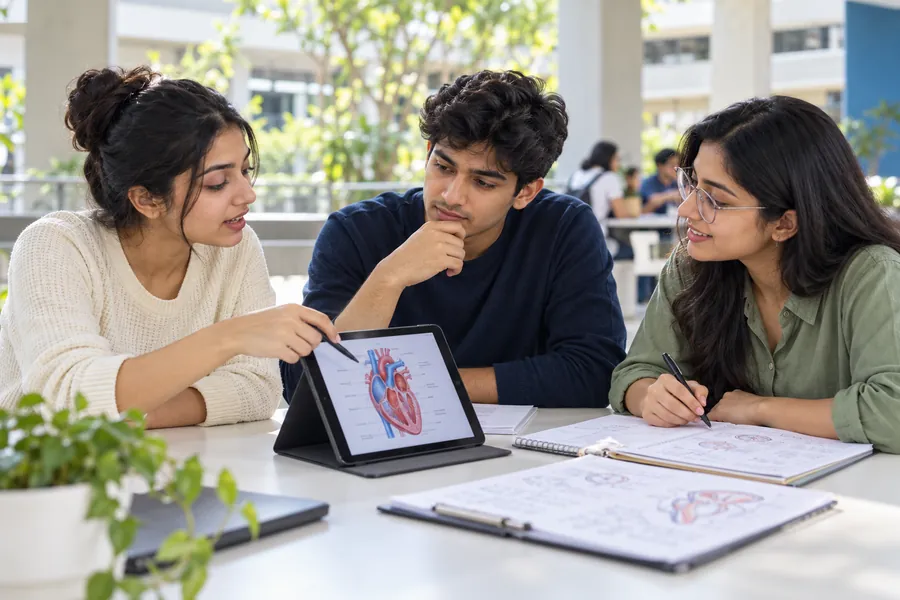 Three students discussing a heart diagram on a tablet