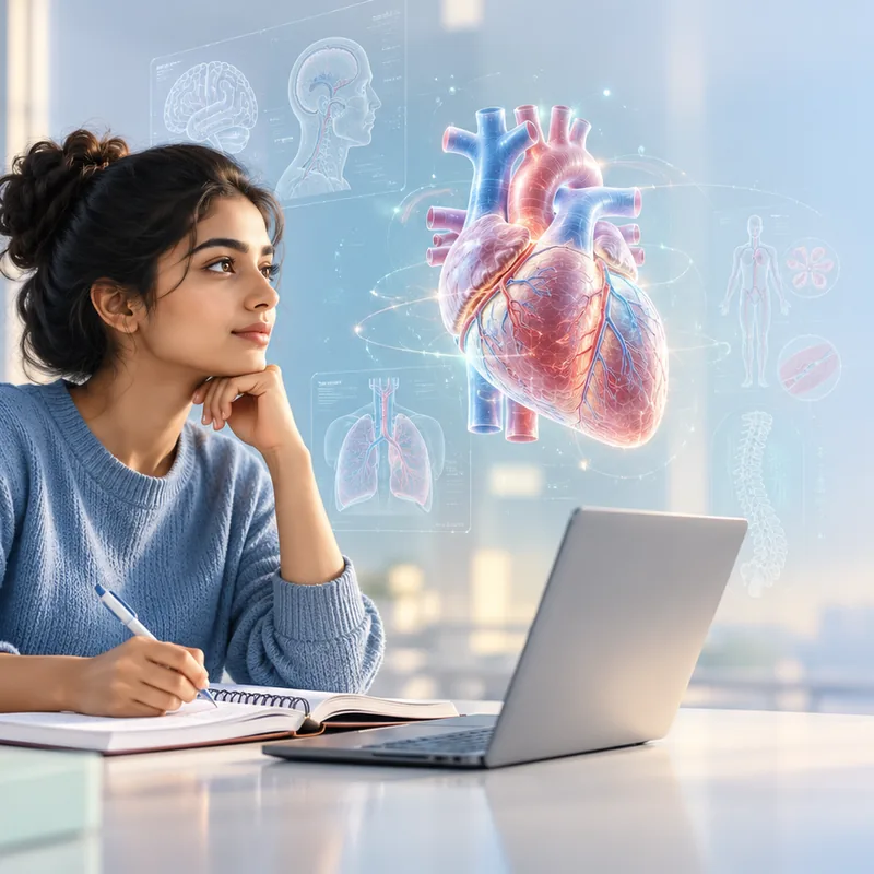 A student studying at her laptop, dreaming of medicine, with a heart model beside her