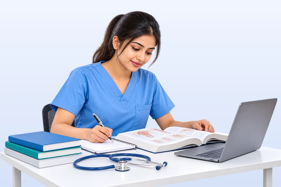 A nurse in blue scrubs studying at her desk with a textbook, notes and a laptop