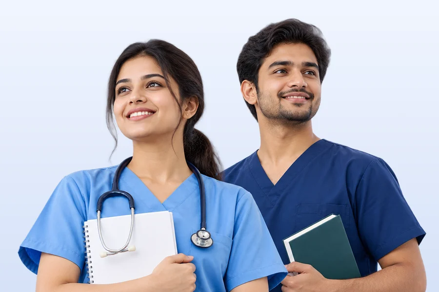 Two nurses in scrubs, smiling, holding their books