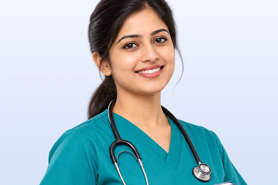 A smiling nurse in teal scrubs with a stethoscope