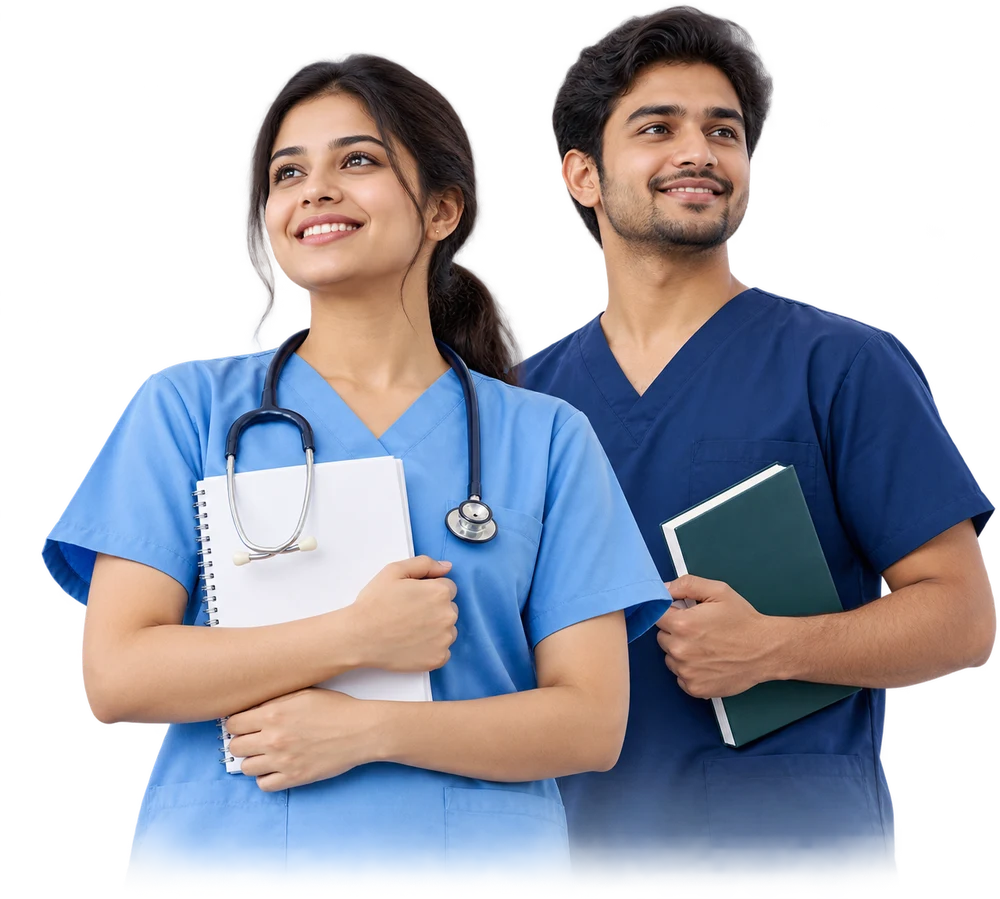 Two smiling nurses in scrubs, one with a stethoscope and notebook, the other holding a book