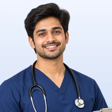 A smiling male nurse in navy scrubs with a stethoscope