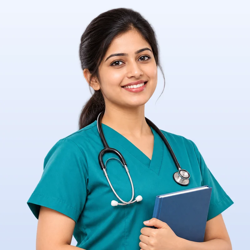 A smiling nurse in teal scrubs with a stethoscope, holding a book
