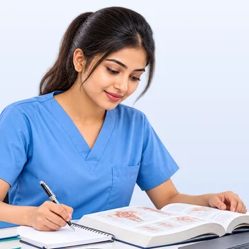 A nurse studying at her desk with a textbook and laptop