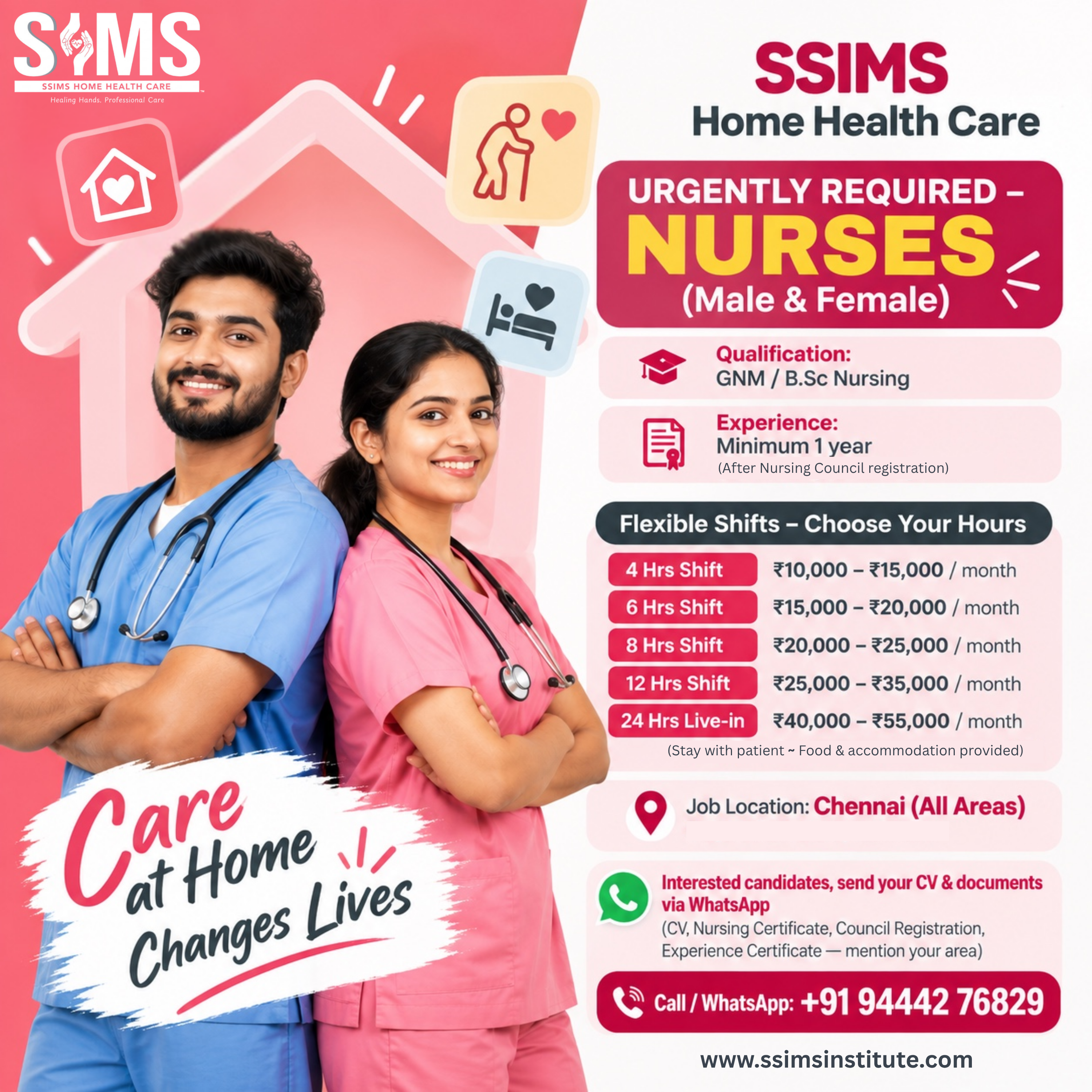 Urgently Required Home Care Nurses in Chennai (Male & Female) – GNM / B.Sc Nursing, ₹10,000 to ₹55,000 — job poster