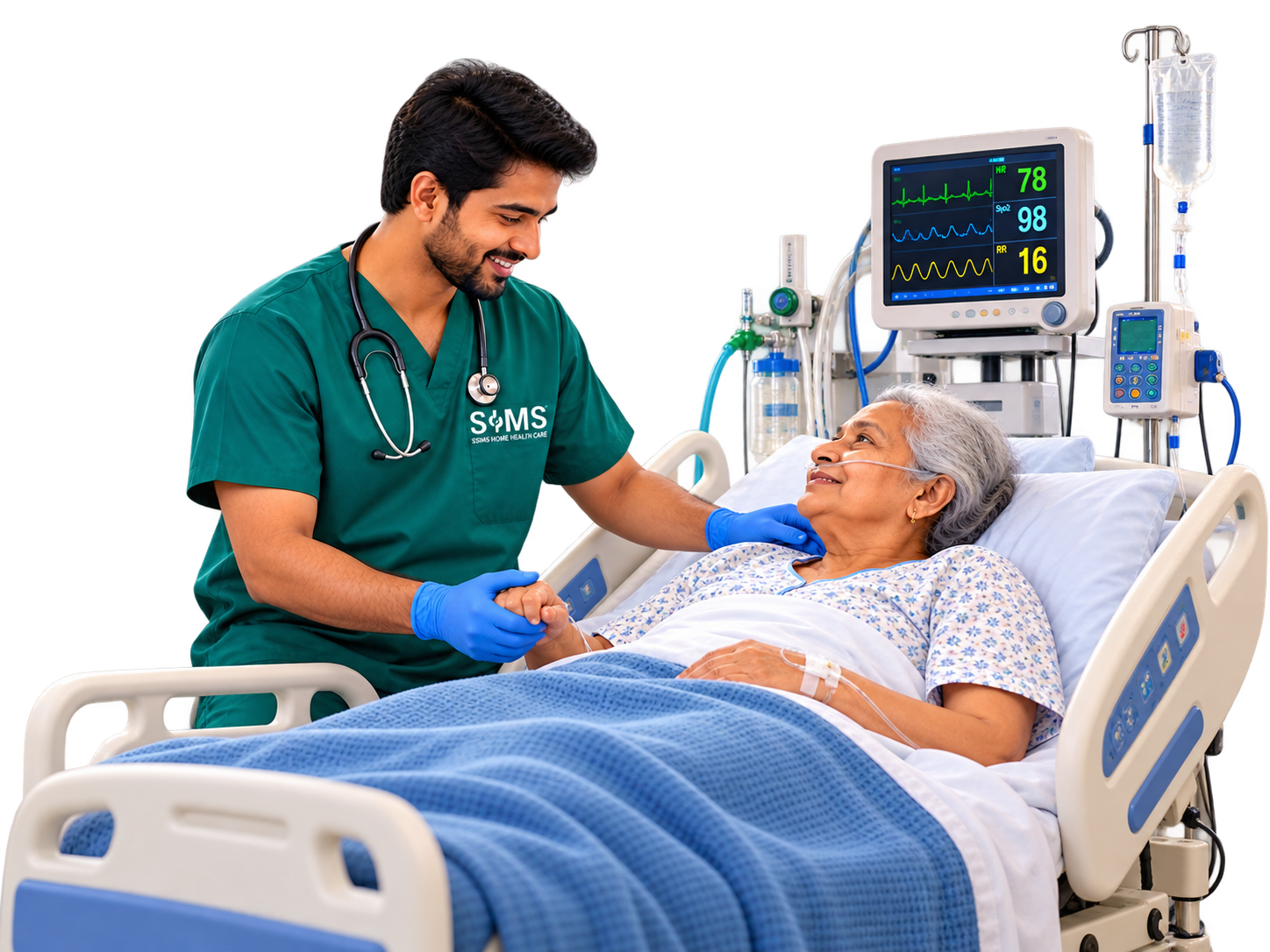 Critical-care nurse monitoring an ICU patient at home in Chennai