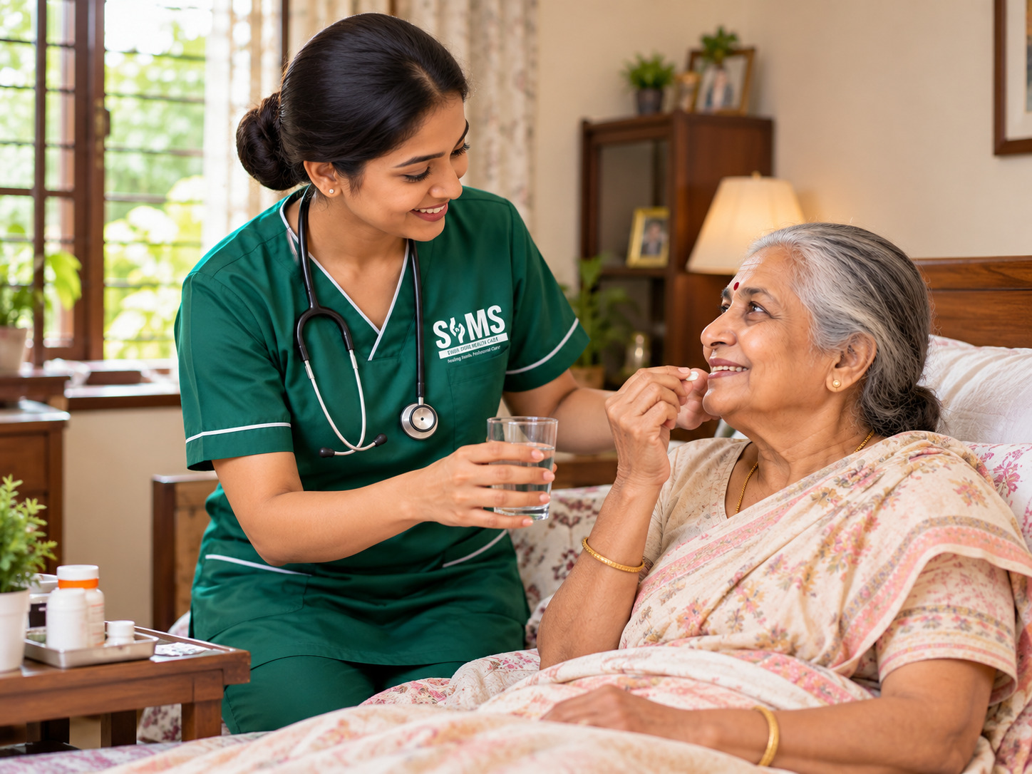 Home nurse caring for a patient at home in Chennai